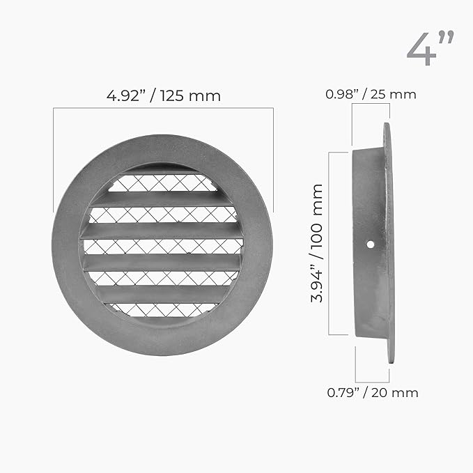 4"" Inch Round Aluminum Industrial Vent - Air Vent Louver - Soffit Grille Cover - Built-in Aluminum Screen - HVAC Ventilation, Uncoated
