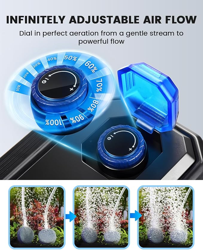 fishkeeper Strong Aquarium Air Pump – Ultra-Quiet 6W/10W Fish Tank Air Pump with Stainless Steel Dual Outlets, Adjustable Oxygen Aerator Pump with Air Stone Bubbler Kit for 1–200 Gallon