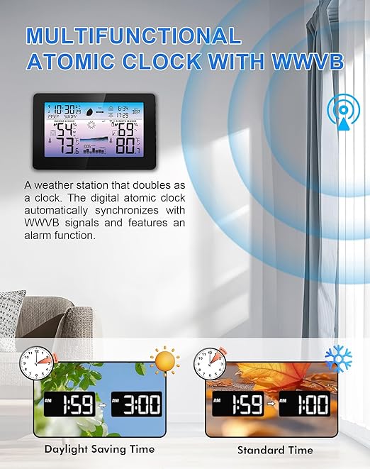 Weather Station Wireless Indoor Outdoor, Digital Thermometer with Accurate Temperature & Humidity, Large Color HD Display with Remote Sensor, Weather Forecast, Atomic Clock, Moon Phase