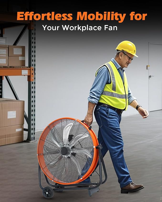 JVO 24 Inch Industrial Floor Drum Fan - 9500 CFM Heavy Duty High Velocity Floor Fan with 8 Blades 3-Speed Big Ass Fan for Warehouse, Garage, Shop, Patios Heavy Duty Shop Fans & Garage Fans for Cooling