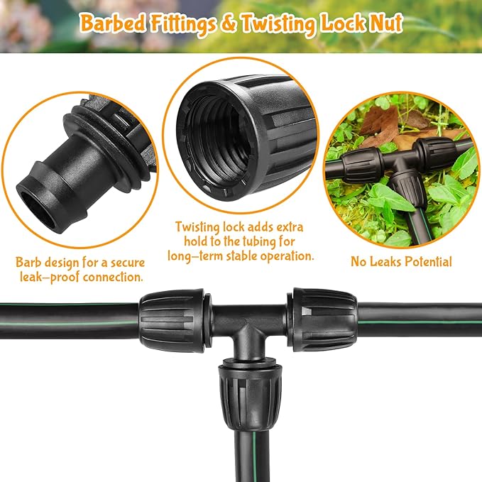 Gardrip Drip Irrigation Fittings for 1/2 Inch Drip Tubing (1/2" ID x 0.65" OD)：1/2'' Drip Line Tees Anti-drop Locked Nut Barbed Tee Connectors Garden Irrigation System Parts (10 Pack)