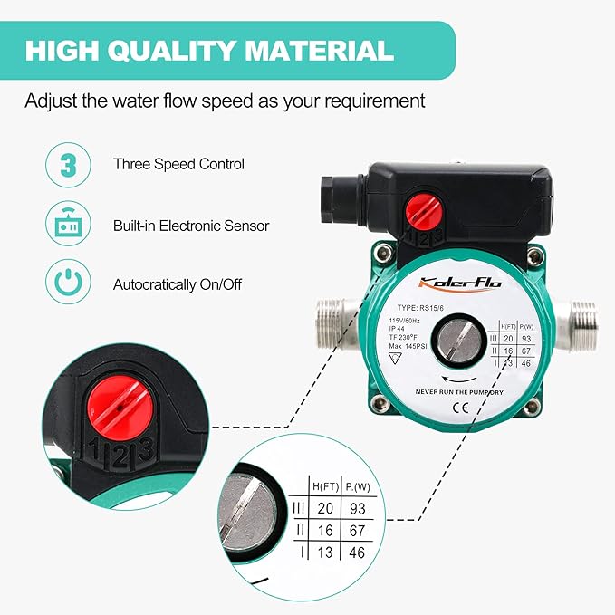 Hot Water Recirculating Pump,93W 3/4" NPT Circulation Pump,Stainless Steel Head for Domestic Water Heater System (RS15-6 Stainless Steel Green)