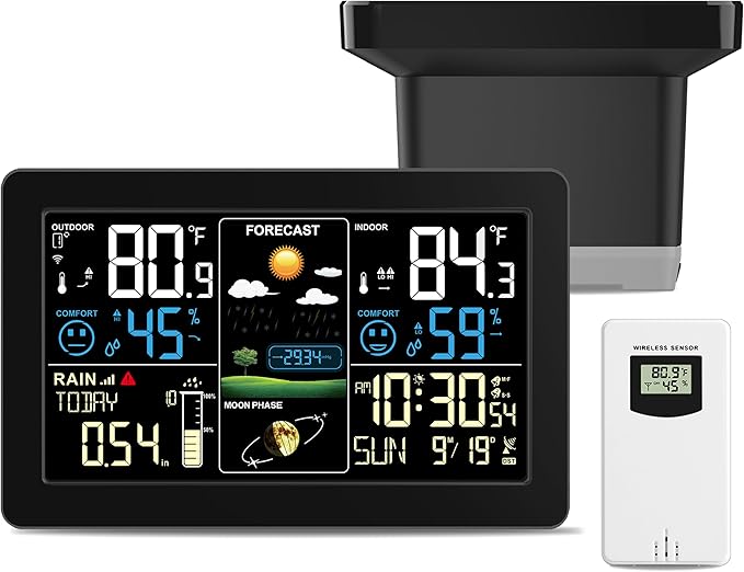 BIUWING Weather Station with Rain Gauge Outdoor, Home Weather Stations Wireless Indoor Outdoor with Digital Rain Gauges, Thermometer, Barometer, Hygrometer, Atomic Clock, Weather Forecast and Alerts