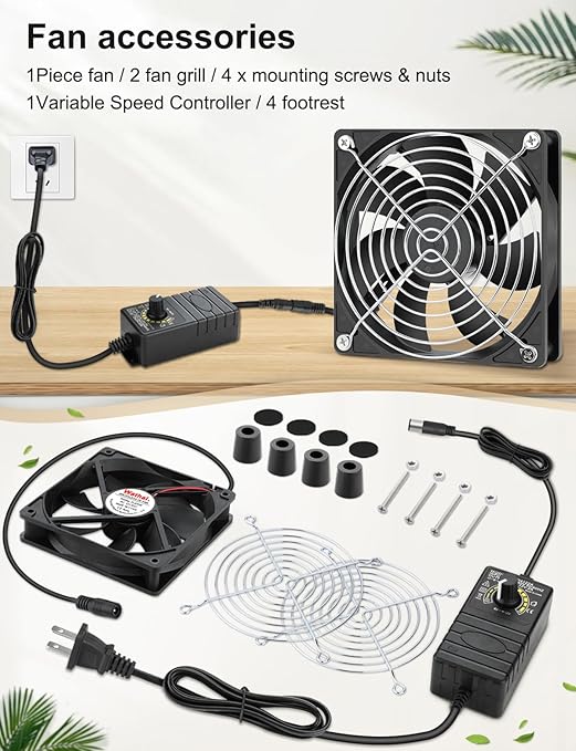 Wathai 120mm x 25mm Waterproof Small Box Fan IP67 12V Computer Fan with AC Plug Speed Controller 110v 120v 220v 240v for Biltong Box, Grow Tent, Terrarium, Aquarium, Greenhouse Cooling