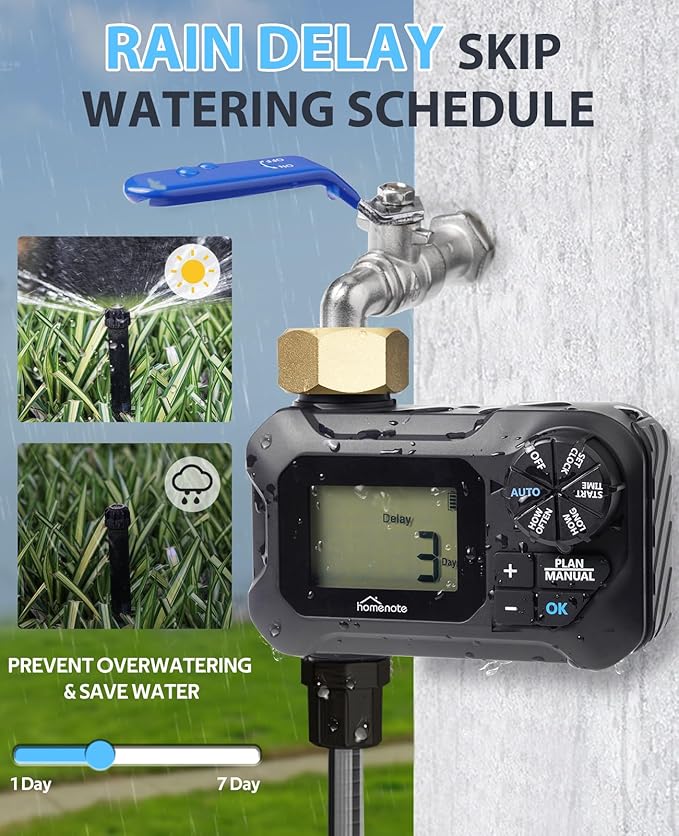 HOMENOTE Water Timer for Garden Hose, Programmable Sprinkler Timer with Rain Delay, Auto & Manual Watering for Misting System, Drip Irrigation, Lawn Sprinkler, Soaker Hose, 1 Outlet