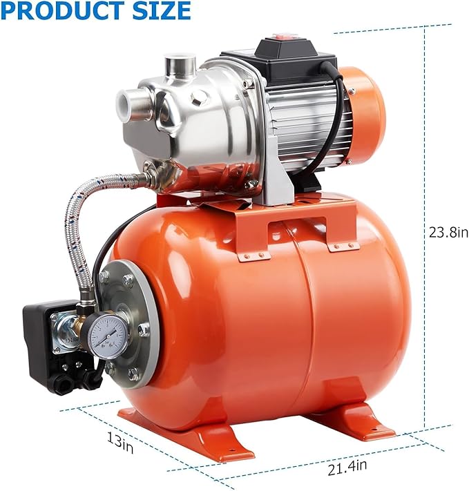 1hp Well Pump with Pressure Tank, Shallow Well Pump Water, 115V Stainless Steel Irrigation, Automatic Water Booster Jet for Home, Garden, Lawn