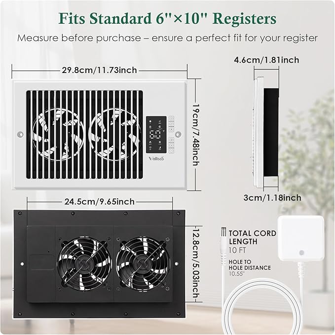 VallisCo Register Booster Fan 6" x 10" with Negative Ion, Manual Airflow Direction Control, Quiet 10-Speed Heating Cooling AC Vent Fan with Remote & Thermostat Control for Wall Floor, White