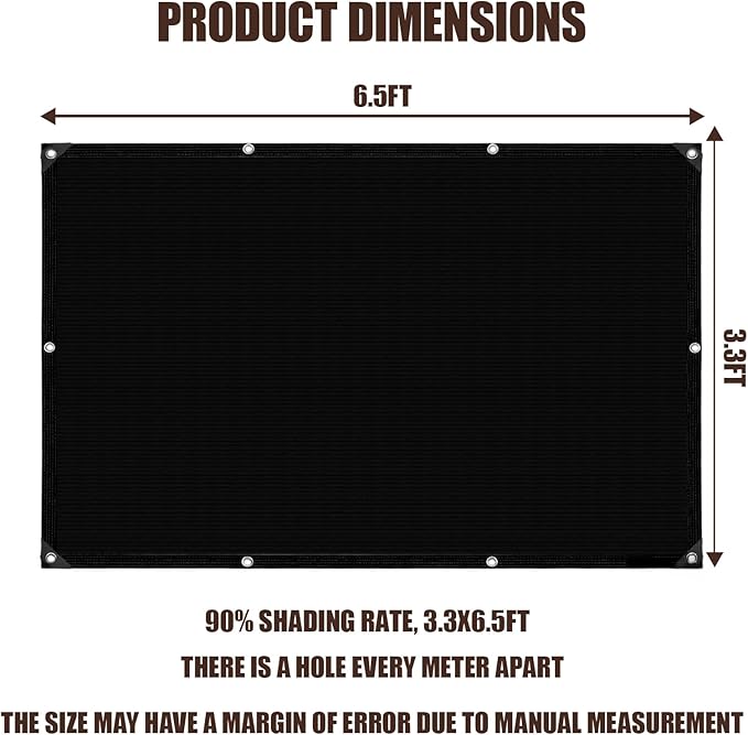 90% Sun Shade Cloth for Garden, 3.3 * 6.5FT Heavy Duty Shade Tarp with Grommets & Reinforced Edges - UV Resistant Sunblock Net for Patio, Backyard, Greenhouse, Kennel, Pergola, Black