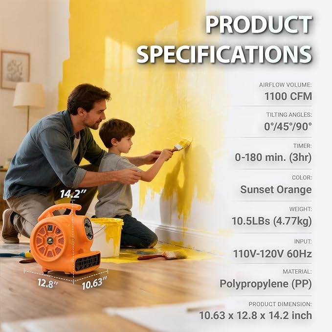 1/4 HP 1100 CFM Air Mover Blower Fan, Carpet Drying Fan, 3-Speed Stackable Utility Blower Heavy Duty High Velocity Industrial Fan with Timer for Water Damage Restoration, ETL Listed, Orange