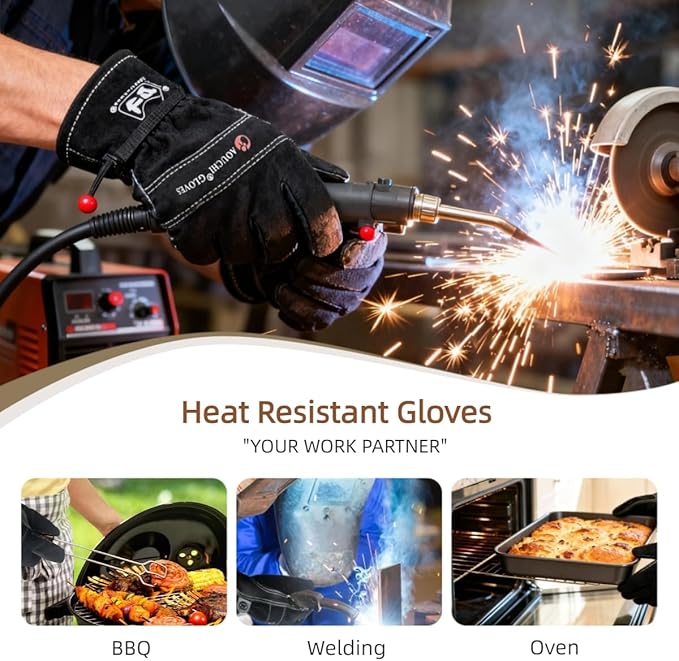 Leather Gardening Gloves for Men, Work Gloves for Welding, Mechanics, Construction, Thorn Proof (Black, Medium)
