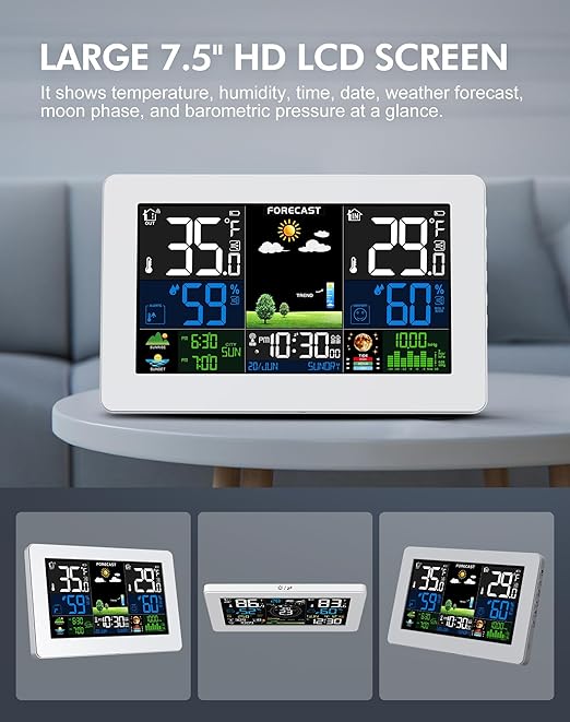Weather Station Wireless Indoor Outdoor, Digital Thermometer with Remote Sensor, Large Display Home Weather Stations with Weather Forecast, Atomic Clock, Barometric Pressure, Moon Phase