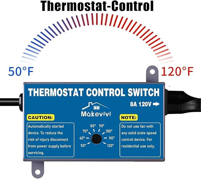 2 Pack Thermostat Controller for Attic Fan, Adjustable Temperature Control Switch with Socket, Overload & Surge Protector, 1600W Fan Thermostat for Garage, Workshop, Greenhouse