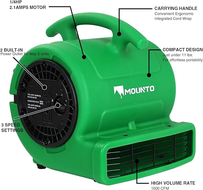 MOUNTO 1/4hp 1000CFM 2 Speed Air Mover Carpet Dryer Floor Fan Cooling Fan (Green)