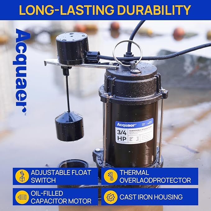 Acquaer Sewage Pump Submersible Water Pump with Automatic Float Switch, for Sump Basin, Residential Sewage, Black, 2'' NPT 3/4 HP 6400 GPH Vert. Float