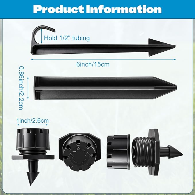Honoson 30 Pack 1/2 Inch Irrigation Tubing Hold Down Anchor Stakes, 0.87 x 4.33 Inch Drip Tubing Stakes with 50 Pcs 1/4" Adjustable Irrigation Drippers Sprinklers for Garden Patio Lawn Hoses(Black)