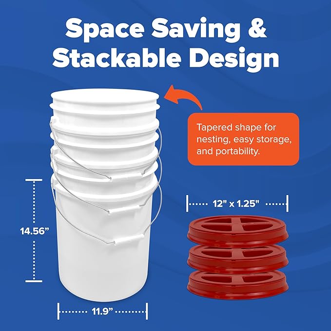 ePackageSupply 5 Gallon Bucket - Food Grade Bucket with Airtight Gamma Seal Screw-On Lid, BPA-Free, Heavy-Duty 90 Mil HDPE Plastic, Bulk Storage, Durable Container, Made in USA, White/Red, 3 Packs