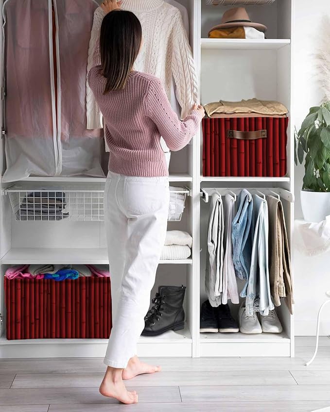 Red Plants Texture Storage Bins Cubes Waterproof Cloth Storage Basket, Vintage Country Trees Pattern Foldable Storage Bags for Shelf Closet Clothes Storages Organizers with Handles 15x11x9.5 in 1PCS
