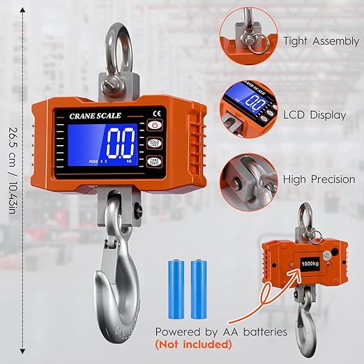 Digital Crane Scale 2200lb/1000Kg Digital Hanging Scale with LCD Screen, Crane Scale Industrial Heavy Duty with Unit Change, High Precision Crane Scale for Market, Farm, Construction, Factory