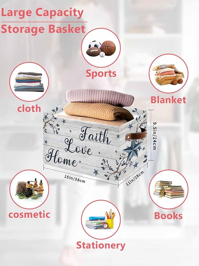 Farmhouse Storage Bins Cubes Waterproof Cloth Storage Basket,Blue Country Texas Star Vintage Berries Wooden Foldable Storage Bags for Shelf Clothes Storages Organizers with Handles 15x11x9.5 in 1PCS