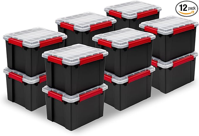 Sterilite 12 Pack Gasket Box, Stackable Plastic 8.5 Gallon Storage Container with Lids, Black - Waterproof and Dustproof Tote for Home Organization