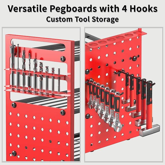 Frizoky 52" Heavy Duty Power Tool Organizer Wall Mount with 12 Drills Holder, 4-Tier Power Tool Storage Rack, DIY Pegboard Side Panels,4 Long Hooks, Garage Metal Tool Shelf for Battery,Drills