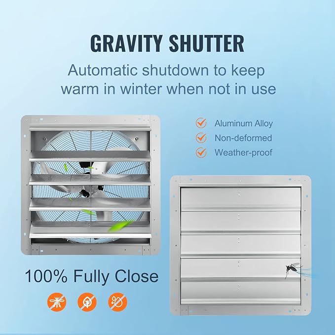 VEVOR 24'' Exhaust Fan, Wall Mounted Attic Fan with Variable Speed, 3320 CFM, Automatic Shutter, Ventilation and Cooling, Silver, Fan Only