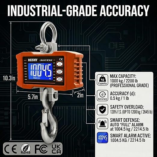 RESHY Digital Crane Scale 2200lb/1000Kg Digital Hanging Scale Industrial Heavy Duty Crane Scale for Farm,Deer,Livestock,Factory,Construction,Hunting CE Certified
