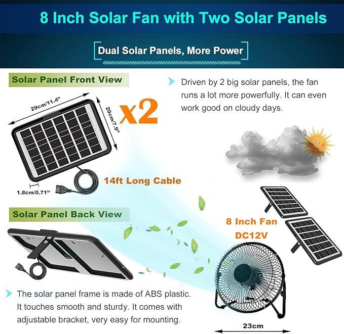 Solar Powered Fan, 8 Inch Install-Free with 25W IP65 Dual Solar Panels, Cloudy Days Working Solar Fan for Air Circulation and Cooling in Greenhouse, Chicken Coop, Pet House, Attic, 14ft Long Cable