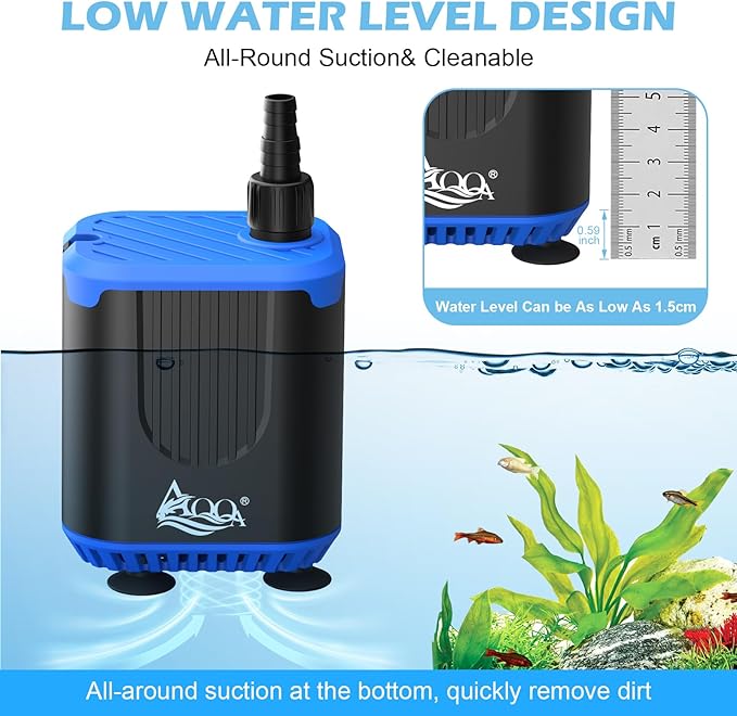 AQQA DC Aquarium Water Pump with Controller,4 Flow Adjustable,Feed Mode,IP68 Submersible Quiet Fish Tank Pump,3 Nozzles for Pond Fountain Statuary Hydroponics Freshwater Saltwater 15W 110V-240V