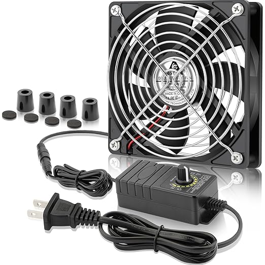 GDSTIME 120mm Computer Fan with AC Plug, 110V 120V 220V 240V AC-Powered Variable Speed Controller 4V-12V for Receiver Amplifier DVR Playstation Xbox Component Cooling Biltong Box Grow Tent Ventilation