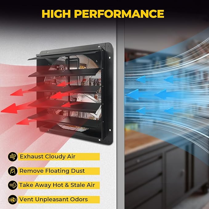 VENTISOL 24 Inch Shutter Exhaust Fan, Wall Mounted Attic Fan with Power Cord, High Speed Vent Fan with Speed Controller 4250CFM, Automatic Household Ventilation Fan for Cooling, Garage, Shop, Black