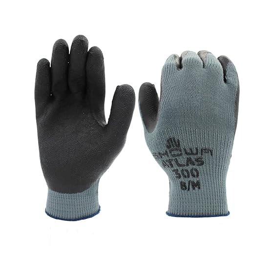 SHOWA Atlas 300B Original 1994 Crinkle Grip Work Gloves, Natural Latex Palm, Heavy Duty 10-Gauge for Construction, Landscaping, Gardening, & Masonry, Black, Small, Vending Pack, 12-Pair