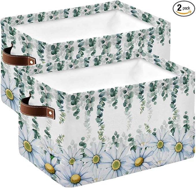 Daisy Eucalyptus Storage Bins Cubes Waterproof Cloth Storage Basket, Farmhouse Weeping Botanical Foldable Storage Bags for Shelf Closet Clothes Storages Organizers with Handles 15x11x9.5 in 2PCS