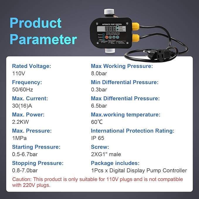 Smart Pump Controller with 2 Modes Digital Display, BSPP G1 Threaded Interface, Adjustable Pressure, High Power, Easy Install, for Home, Garden, Industrial Use