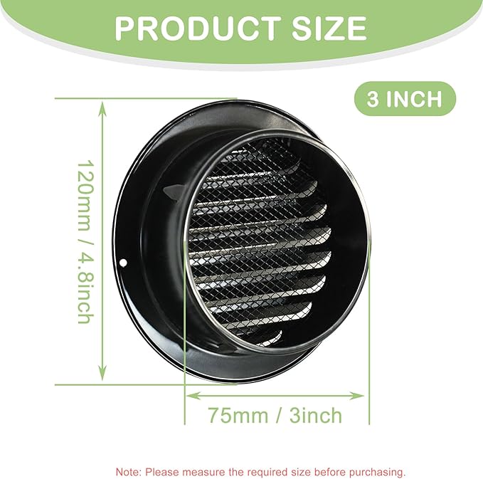 3 Inch Round Soffit Vent Cover, FocuVenHom Black Stainless Steel Air Vent Wall Vent Cover Louvered Grille Cover Air Vent Outlet with Built-in Fine Mesh for House, Office, Garage
