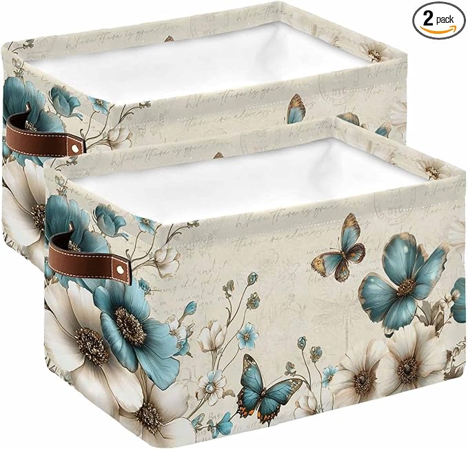 Teal Tulip Butterfly Storage Bins Cubes Waterproof Cloth Storage Basket,Turquoise Floral Farmhouse Beige Foldable Storage Bags for Shelf Clothes Storages Organizers with Handles 15x11x9.5 in 2PCS