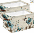 Teal Tulip Butterfly Storage Bins Cubes Waterproof Cloth Storage Basket,Turquoise Floral Farmhouse Beige Foldable Storage Bags for Shelf Clothes Storages Organizers with Handles 15x11x9.5 in 2PCS