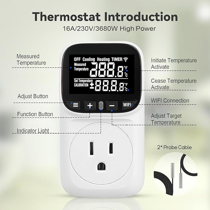 WiFi Digital Temperature Controller, Plug in Thermostat Outlet with Duration Timer & Smart Memory, -40℉~212℉, 16A/1800W, IP67 Waterproof Probe for Incubator, Homebrew, Reptile.