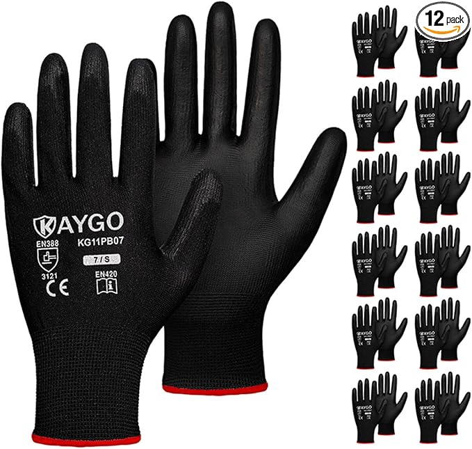 KAYGO Work Gloves for Men and Women,12 Pairs Seamless Knit PU Coated Safety Gloves, with Smooth Grip on Palm and Fingers, Ideal for Light Warehouse, Manufacturing, Gardening, KG11P (S, Black)