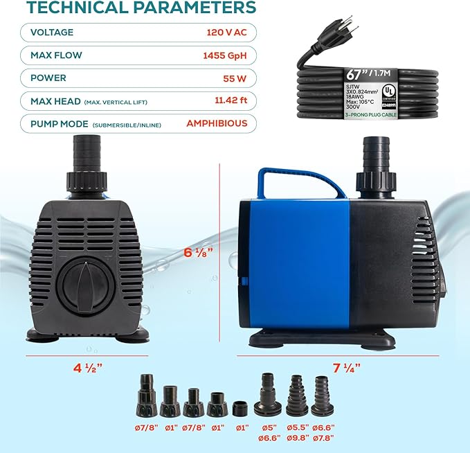 Aqua Dream 793 GPH Amphibious Water Pump - 55W Submersible or Inline External Pump with Corrosion Resistant Ceramic Shaft, 8.85ft Max Lift for Aquariums, Ponds, and Hydroponics - 3 Pcs