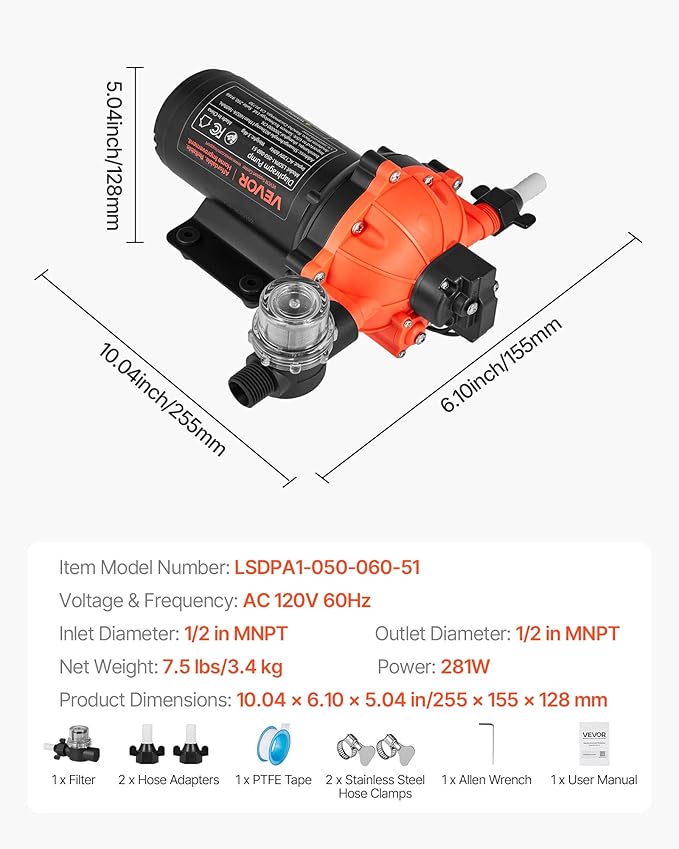 VEVOR Water Pressure Pump, 110V AC 5 GPM, 5-Chamber On Demand Electric Diaphragm Water Transfer Pump, 60 PSI Max Pressure, Automatic Pressure Switch, for Home Kitchen Garden Irrigation Car Washing