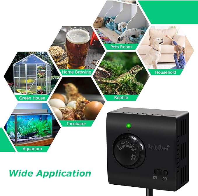 Adjustable Thermostat, Briidea Plug in Heating & Cooling Thermostat with LED Indicator, Compatible with Space Heater, Window Air Conditioners, Fans, Ideal for Household, Reptile, Greenhouse, Black