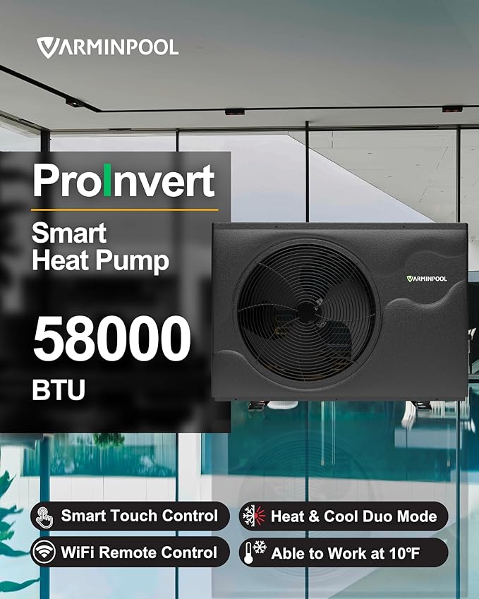 58000BTU Invert Smart Pool Heat Pump for Above and Inground Pools up to 18000 Gals, WiFi Capable and Timer Function Touch Screeen Controller Electric Pool Heater, Heating&Cooling, 220V, V18