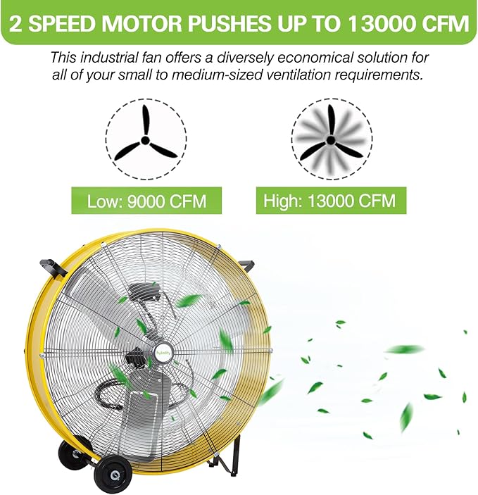 hykolity 30in. 2-Speed 13000 CFM High Velocity Drum Fan, Heavy Duty Industrial Shop Fan for Factory, Warehouse, Garage, Workshop, Commercial, and Basement, UL Listed, Yellow