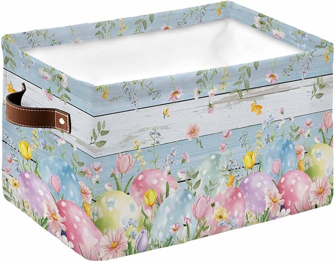 Easter Eggs Storage Bins Cubes Waterproof Cloth Storage Basket,Spring Daisy Eucalyptus Leaves Light Blue Wood Foldable Storage Bags for Shelf Clothes Storages Organizers with Handles 15x11x9.5 in 1PCS