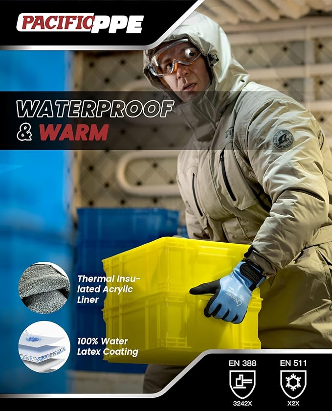 PACIFIC PPE Winter Work Gloves for Men and Women, 100% Waterproof Thermal Insulated Freezer Gloves for Cold Weather, Super Grip, Blue, 2X-Large