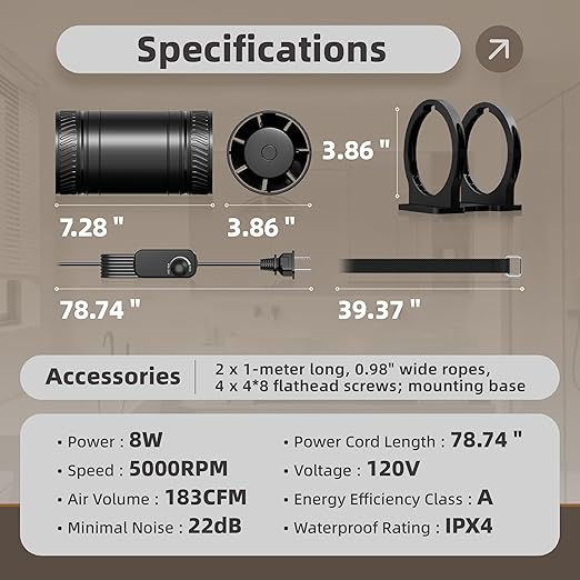 4 Inch Inline Duct Fan Kit with Speed Controller, Quiet DC-Motor Ventilation Exhaust Fan for Heating Cooling Booster, Grow Tents, Hydroponics Comes with Base Cord Screw