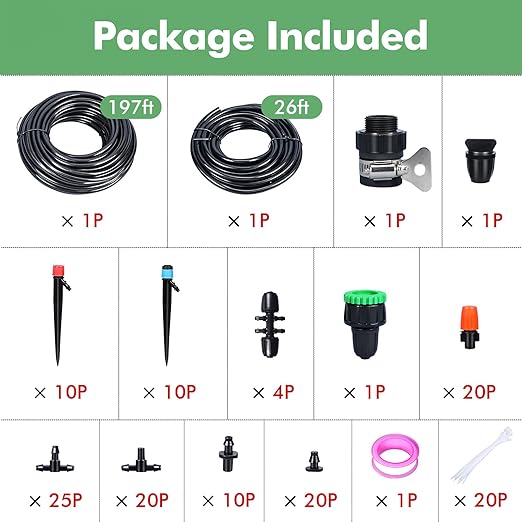 ASEVAT Drip Irrigation System Kit, 26FT+197FT Garden Watering System with Hose Distribution Tubing Drip Emitters Connectors,Automatic Drip Irrigation Kit for Plant,Greenhouse, Yard,Lawn,Patio