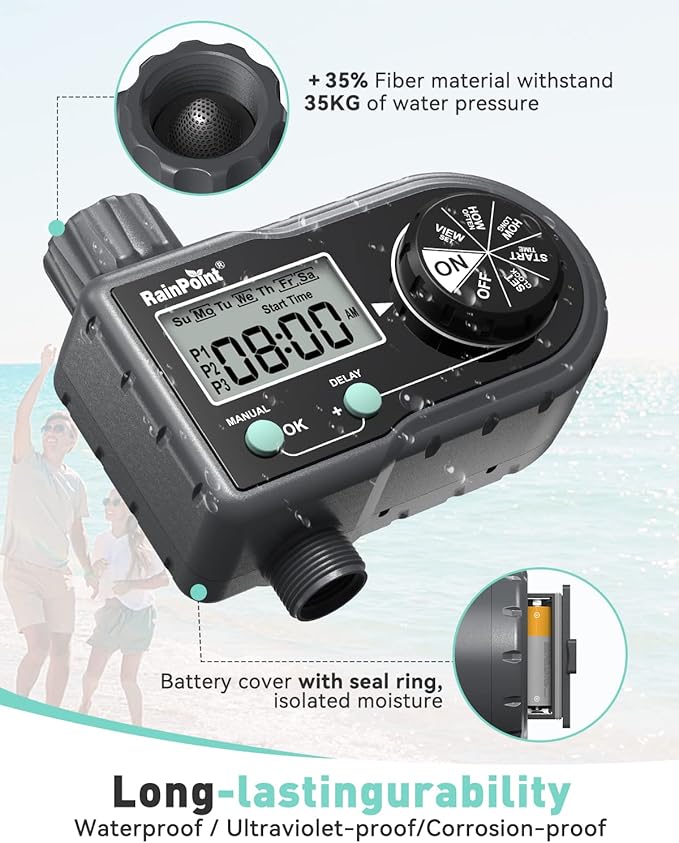 RAINPOINT Sprinkler Timer, Hose Timer with 3 Individual Programs, Water Timer for Garden Hose Faucet, Programmable Automatic/Manual Irrigation System, for Specific Days or Daily Outdoor Lawn Watering