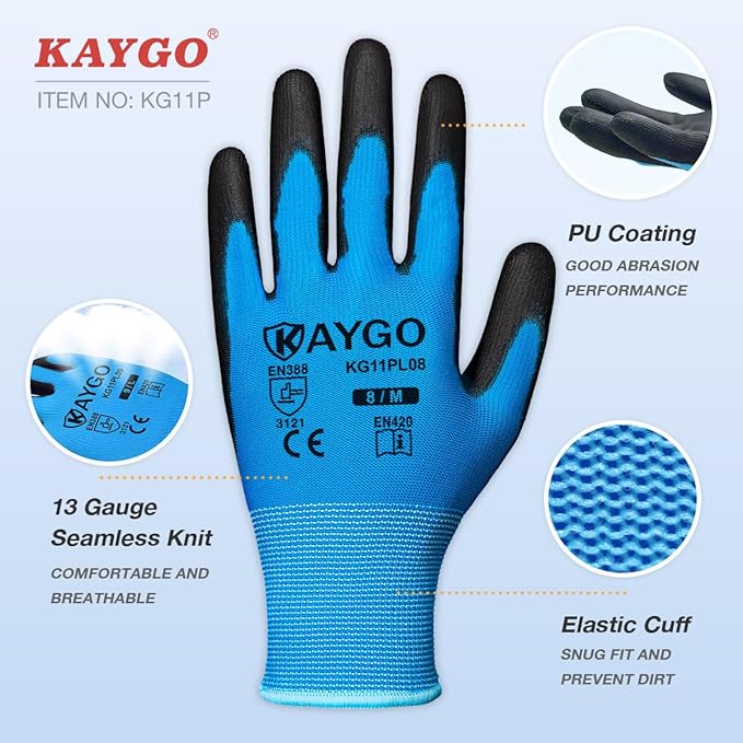 KAYGO Work Gloves for Men and Women, 60 Pairs Seamless Knit PU Coated Safety Gloves, with Smooth Grip on Palm and Fingers, Ideal for Light Warehouse, Manufacturing, Gardening, KG11P (M, Blue)